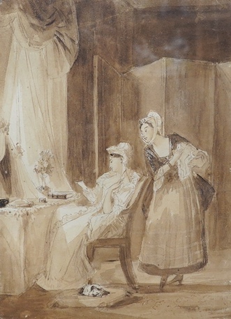 C. Leslie, sepia watercolour, 'The love letter', 42 x 30cm. Condition - good